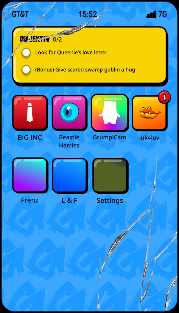 Gobphone home screen with objectives and apps