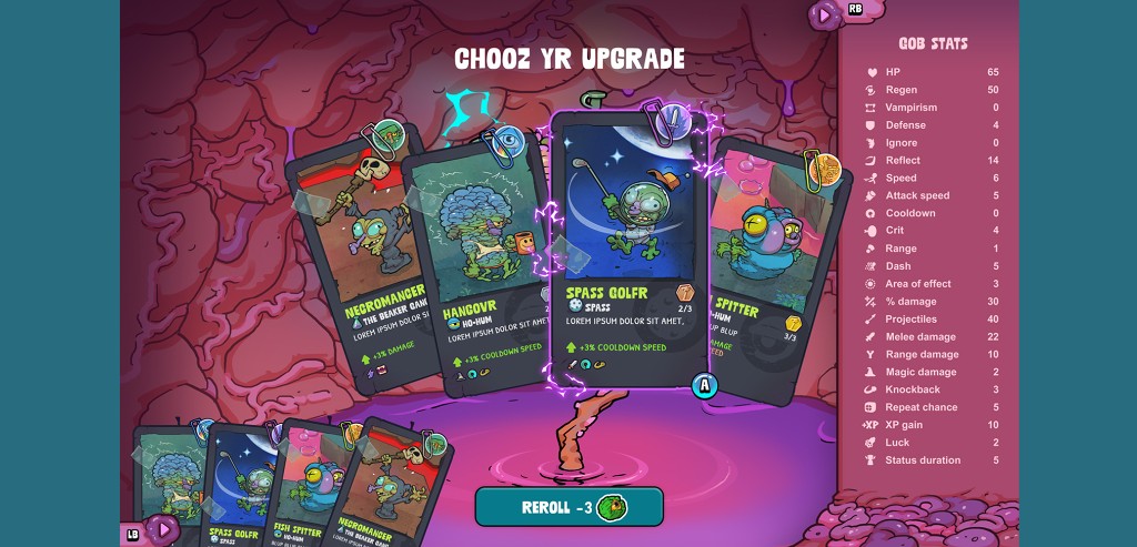 Goblintown upgrade selection with gob stats panel
