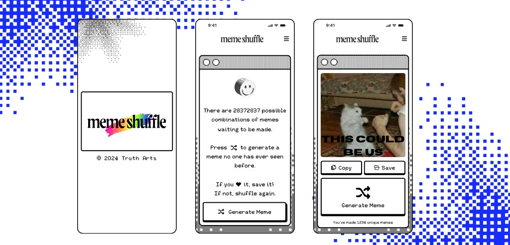 Meme Shuffle mobile screens — splash, onboarding, and meme generation flow